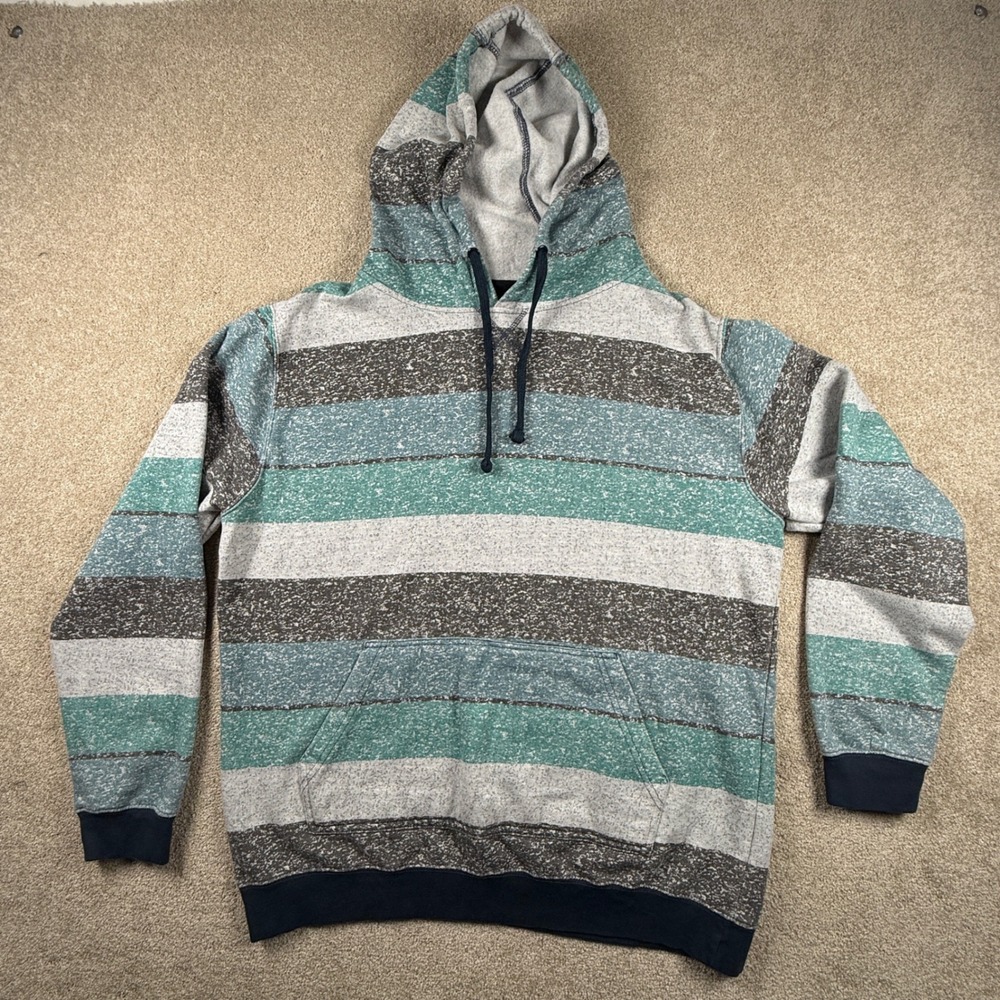 Burnside Mens 2XL Striped Hoodie Teal Grey Marled Pullover Sweatshirt Zip Pocket